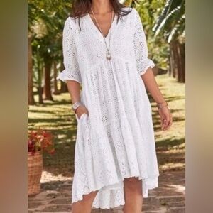 Sundance White Oversized V Neck Jasmin Eyelet Dress Size PXS